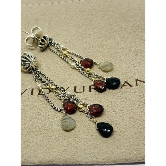 David Yurman Multi-Stone Pearl Sterling Silver Drop Earrings 18K 750 - Picture 3 of 12